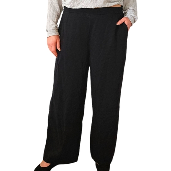 Eileen Fisher Wide Leg Pants Elastic Waist Size Large Black Side Zip Pockets - Picture 3 of 11